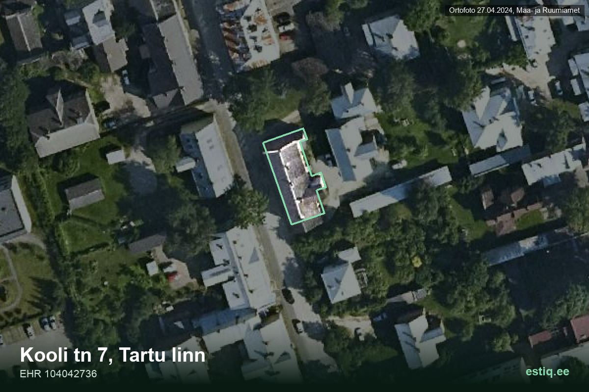 Kooli tänav 7, Tartu – hoone aerofoto, kontuur ehitisregistri (EHR) andmetest