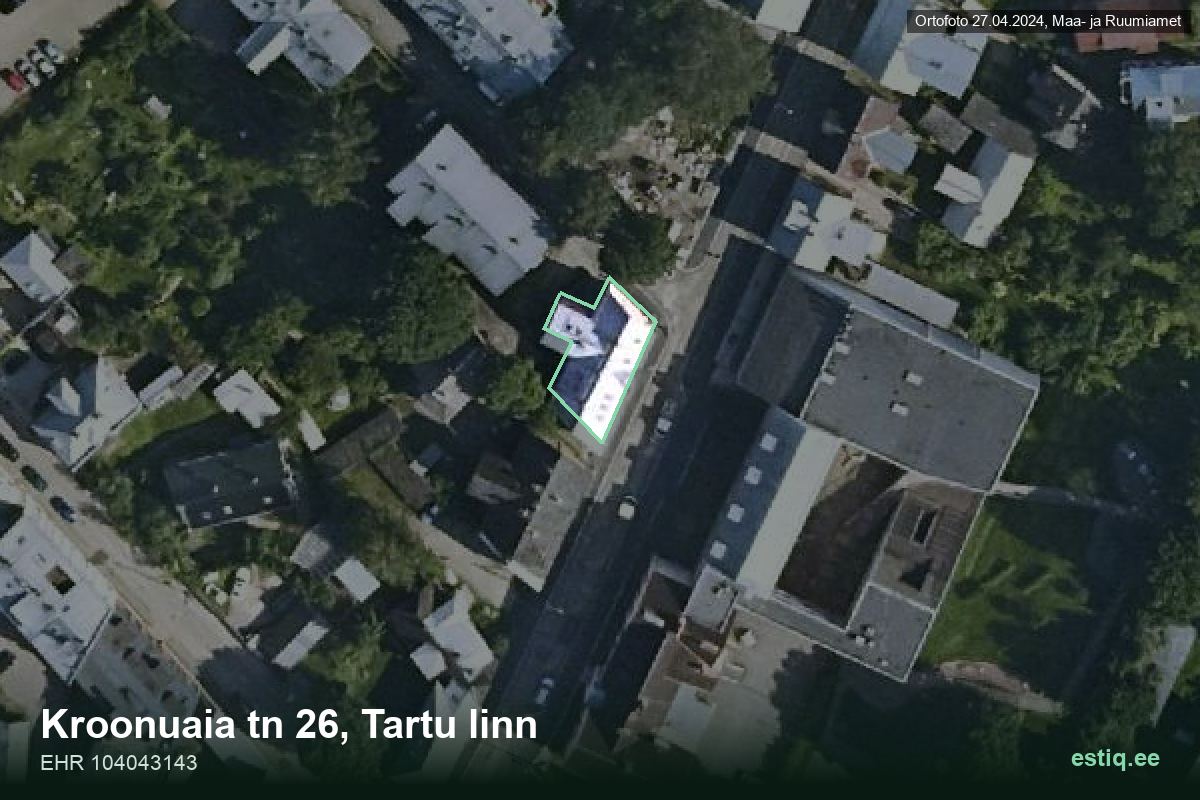 Kroonuaia tänav 26, Tartu – hoone aerofoto, kontuur ehitisregistri (EHR) andmetest