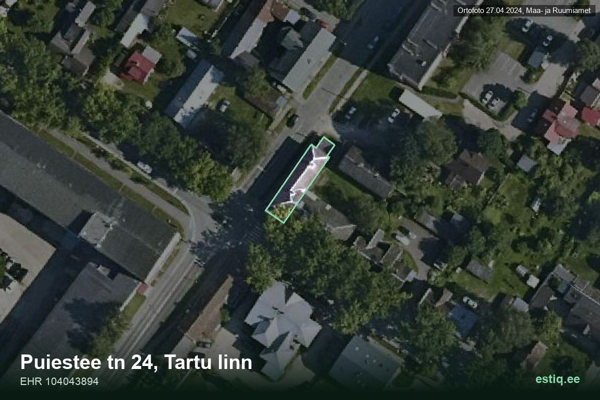 Puiestee tänav 24, Tartu – аэрофото дома, контур по данным регистра строений (EHR)
