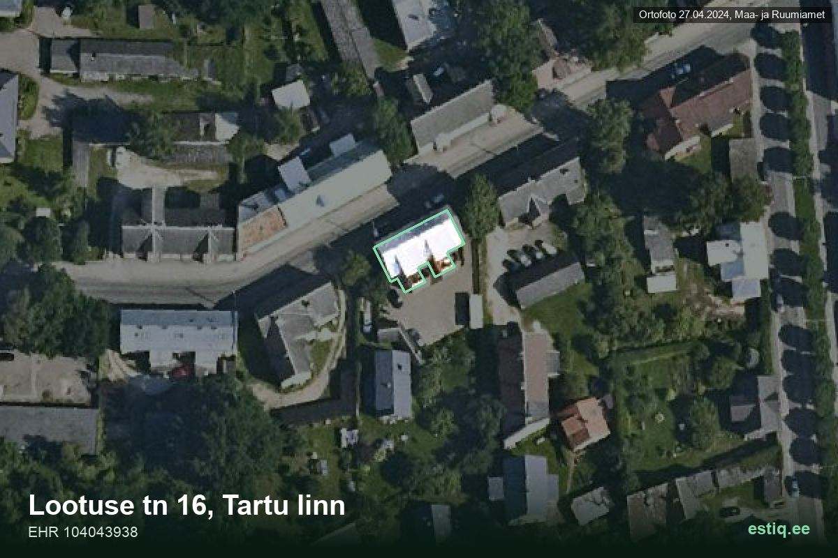 Lootuse tänav 16, Tartu – аэрофото дома, контур по данным регистра строений (EHR)