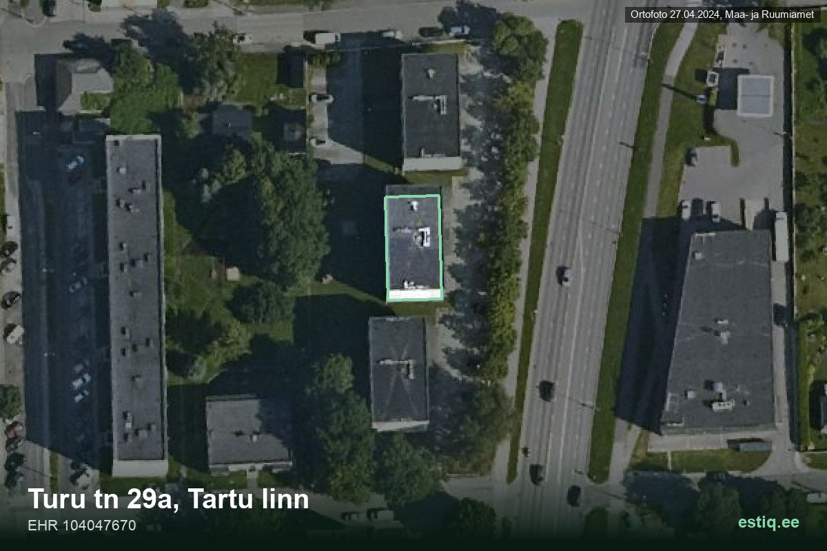 Turu tänav 29a, Tartu – hoone aerofoto, kontuur ehitisregistri (EHR) andmetest