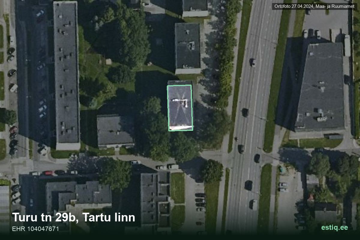 Turu tänav 29b, Tartu – hoone aerofoto, kontuur ehitisregistri (EHR) andmetest