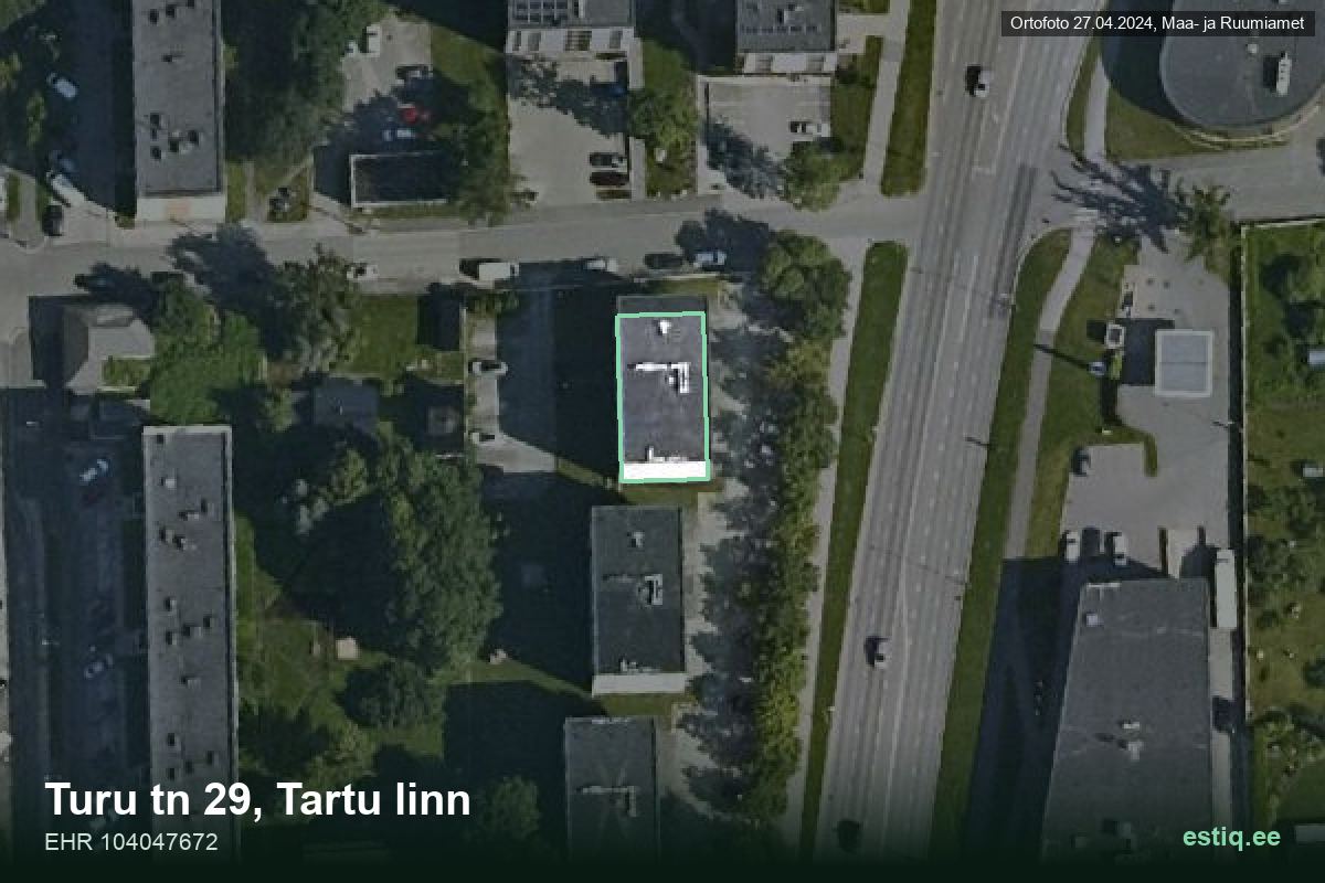 Turu tänav 29, Tartu – hoone aerofoto, kontuur ehitisregistri (EHR) andmetest