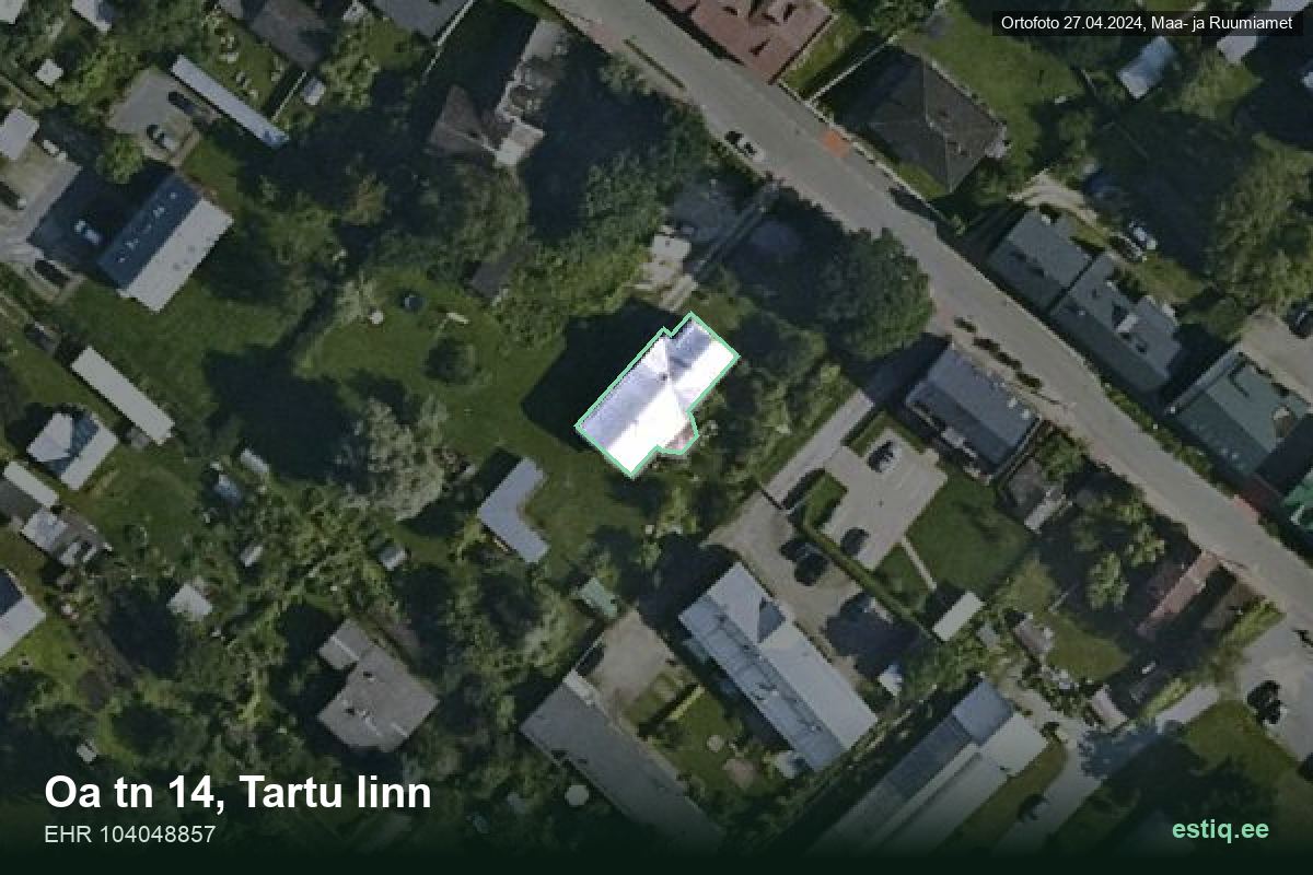 Oa tänav 14, Tartu – аэрофото дома, контур по данным регистра строений (EHR)