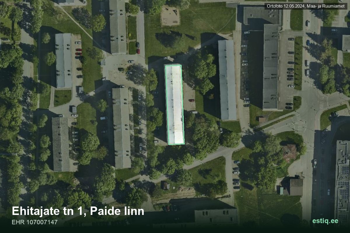Ehitajate tänav 1, Paide – aerial photo of the building, outline from the Building Register (EHR)