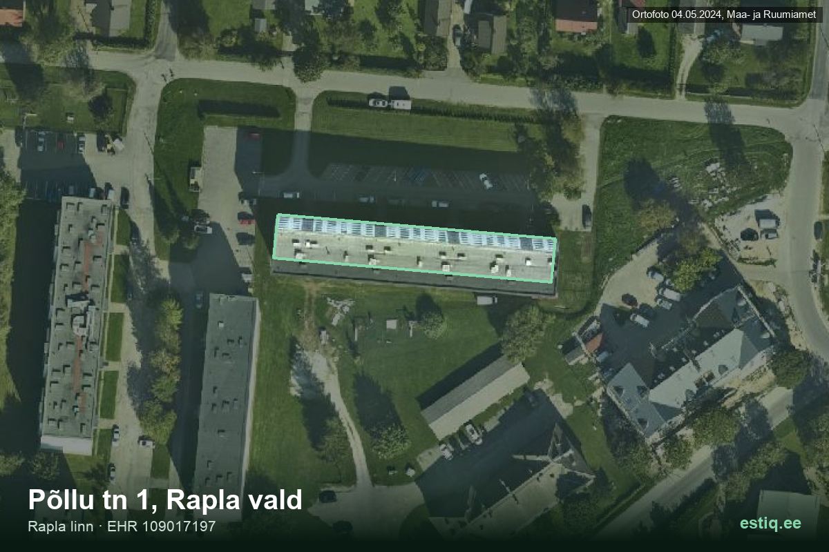 Põllu tänav 1, Rapla – hoone aerofoto, kontuur ehitisregistri (EHR) andmetest