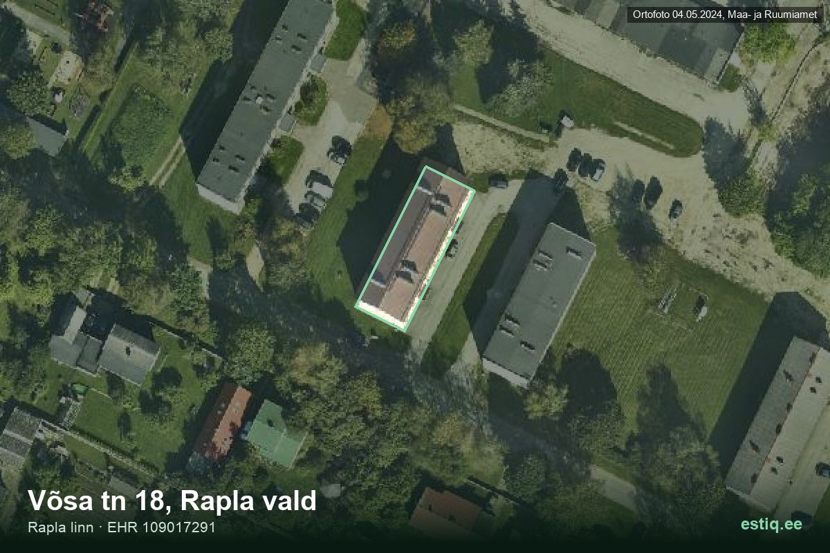 Võsa tänav 18, Rapla – hoone aerofoto, kontuur ehitisregistri (EHR) andmetest