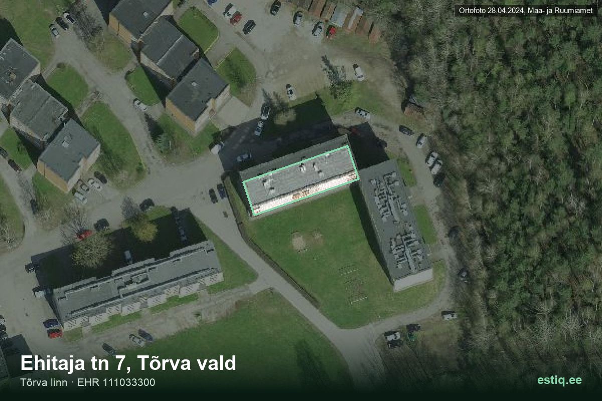 Ehitaja tänav 7, Tõrva – hoone aerofoto, kontuur ehitisregistri (EHR) andmetest