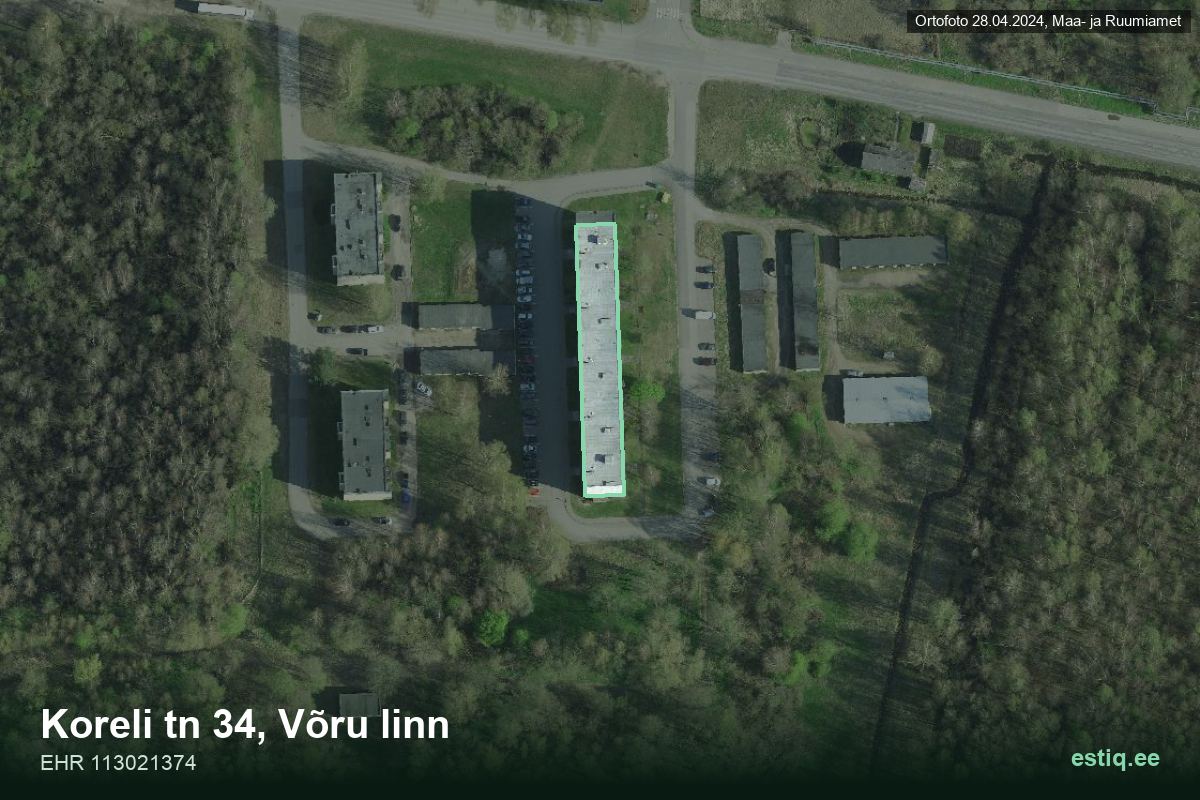 Koreli tänav 34, Võru – hoone aerofoto, kontuur ehitisregistri (EHR) andmetest