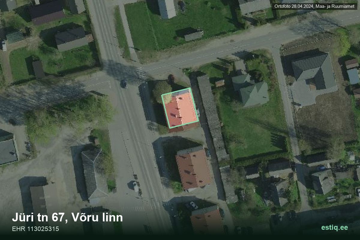 Jüri tänav 67, Võru – аэрофото дома, контур по данным регистра строений (EHR)