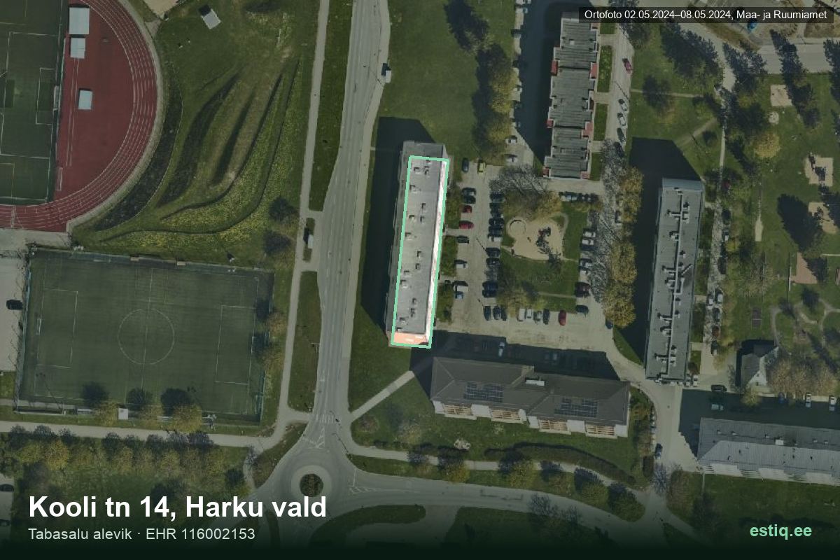 Kooli tänav 14, Harku – hoone aerofoto, kontuur ehitisregistri (EHR) andmetest