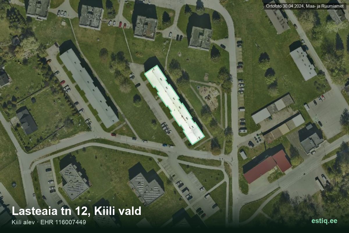 Lasteaia tänav 12, Kiili – hoone aerofoto, kontuur ehitisregistri (EHR) andmetest