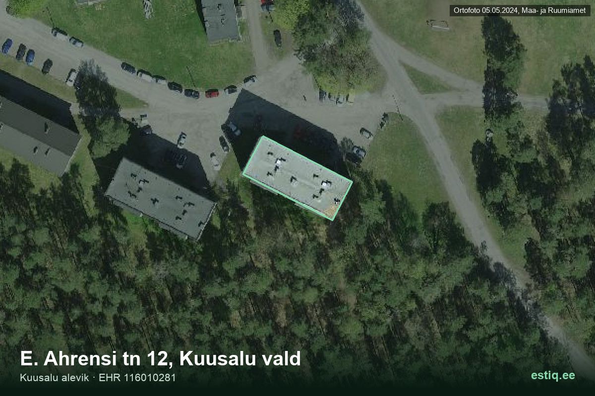 E. Ahrensi tänav 12, Kuusalu – hoone aerofoto, kontuur ehitisregistri (EHR) andmetest