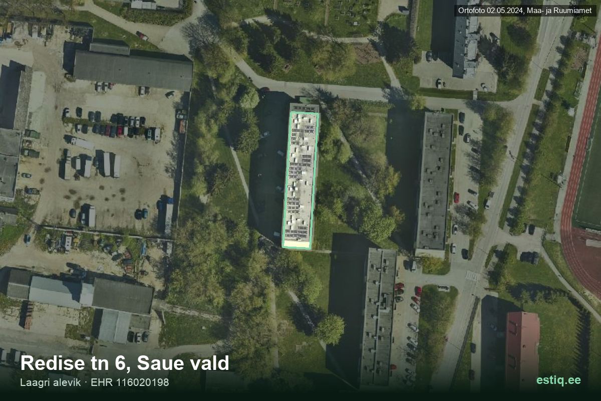 Redise tänav 6, Saue – ilmakuva rakennuksesta, ääriviiva rakennusrekisteristä (EHR)