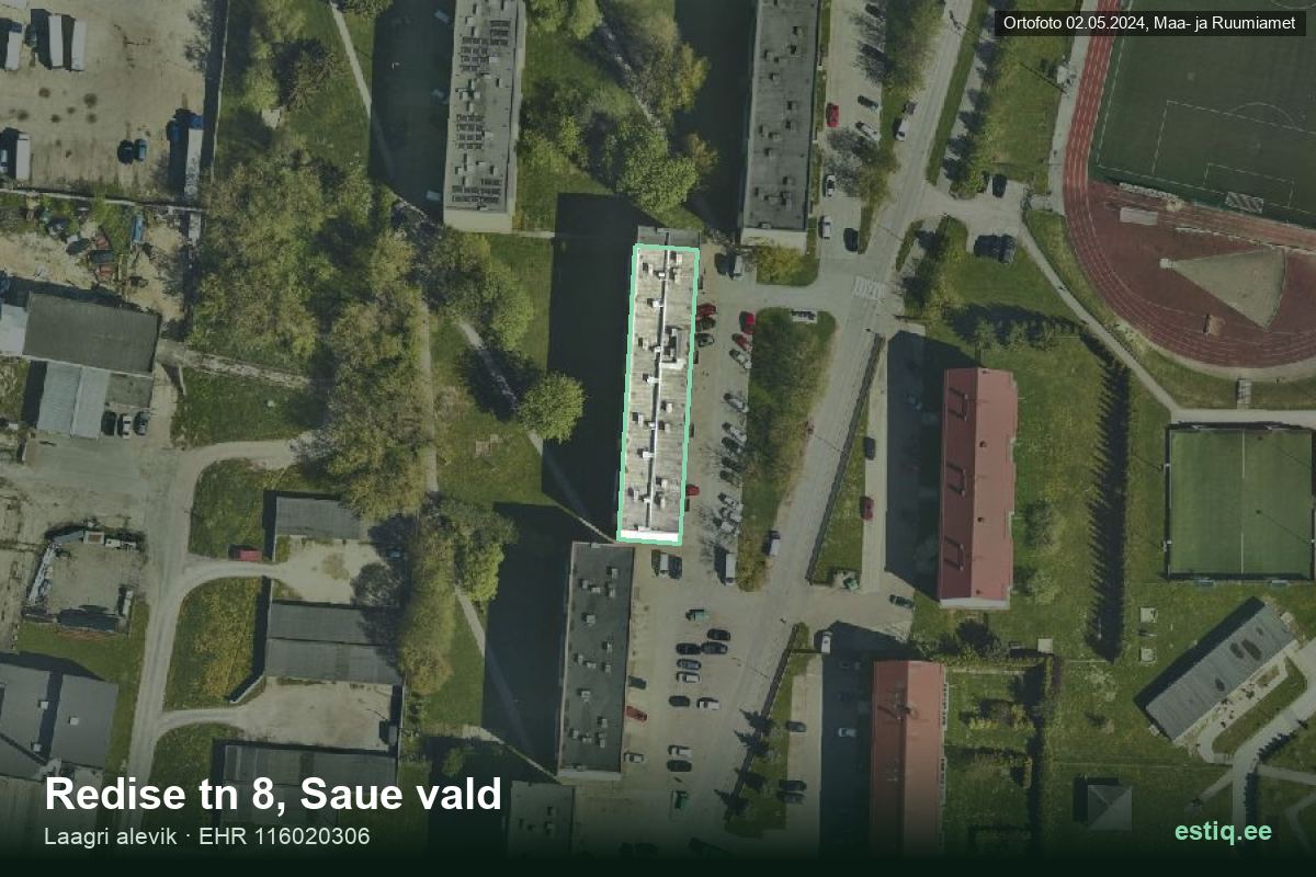 Redise tänav 8, Saue – hoone aerofoto, kontuur ehitisregistri (EHR) andmetest
