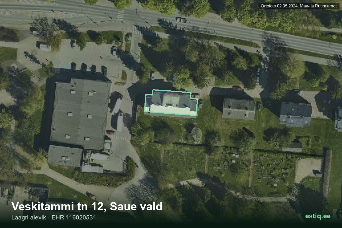 Veskitammi tänav 12, Saue – ilmakuva rakennuksesta, ääriviiva rakennusrekisteristä (EHR)