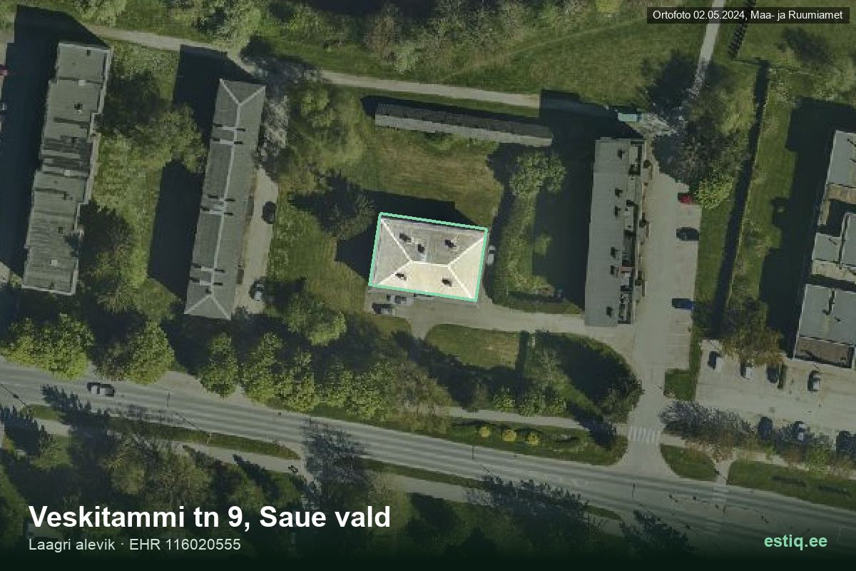 Veskitammi tänav 9, Saue – hoone aerofoto, kontuur ehitisregistri (EHR) andmetest