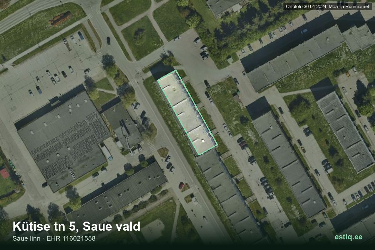Kütise tänav 5, Saue – hoone aerofoto, kontuur ehitisregistri (EHR) andmetest
