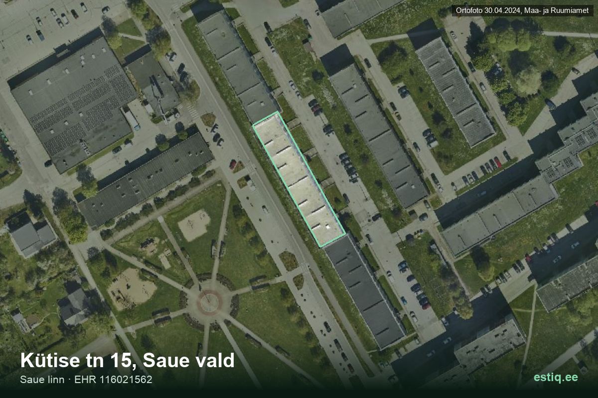 Kütise tänav 15, Saue – hoone aerofoto, kontuur ehitisregistri (EHR) andmetest