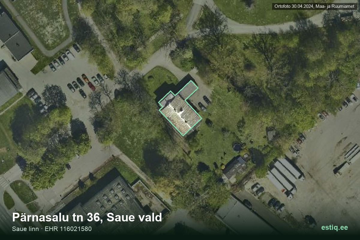Pärnasalu tänav 36, Saue – hoone aerofoto, kontuur ehitisregistri (EHR) andmetest