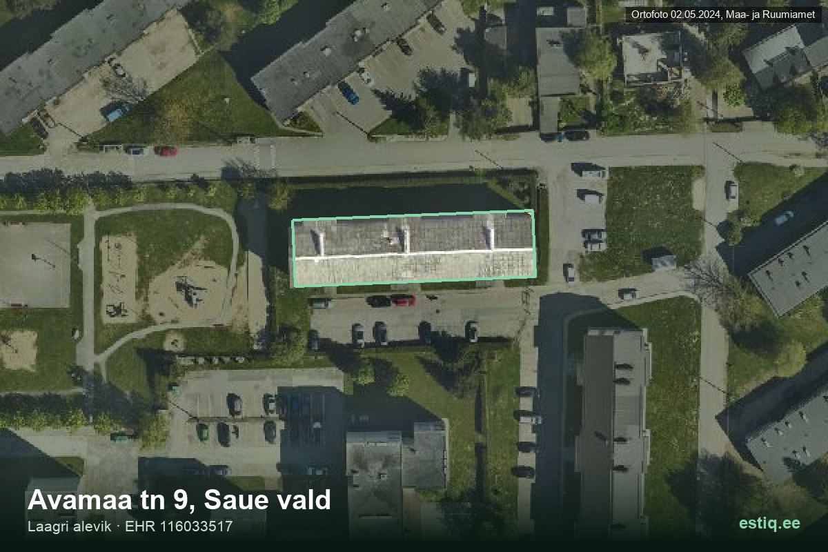 Avamaa tänav 9, Saue – hoone aerofoto, kontuur ehitisregistri (EHR) andmetest