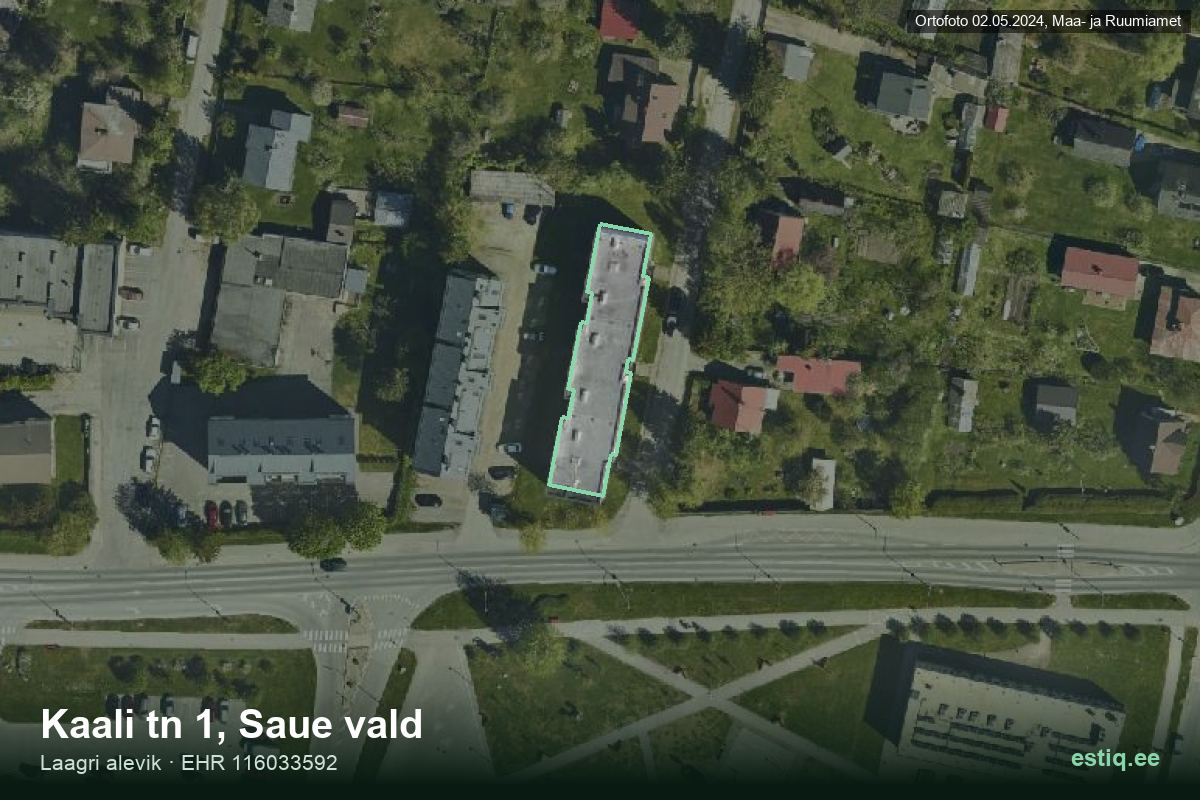 Kaali tänav 1, Saue – hoone aerofoto, kontuur ehitisregistri (EHR) andmetest