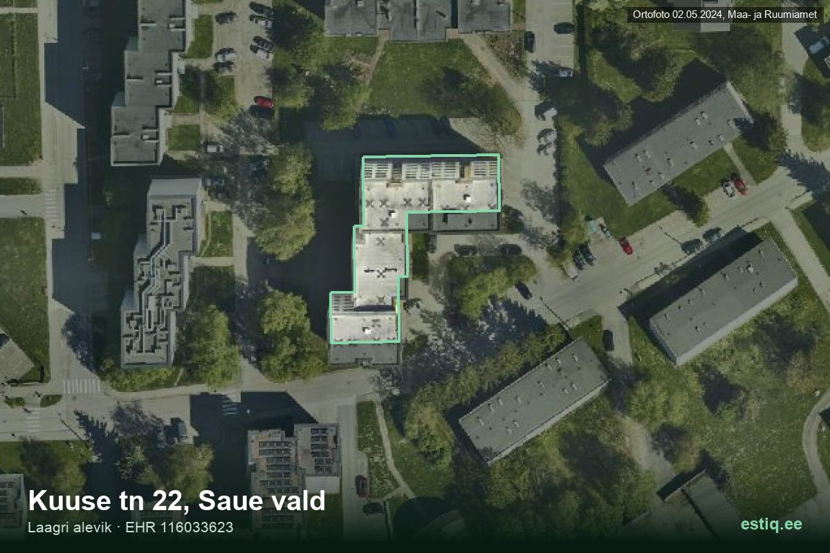 Kuuse tänav 22, Saue – hoone aerofoto, kontuur ehitisregistri (EHR) andmetest