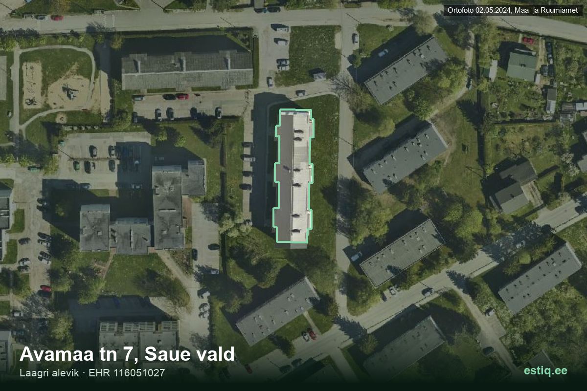 Avamaa tänav 7, Saue – hoone aerofoto, kontuur ehitisregistri (EHR) andmetest