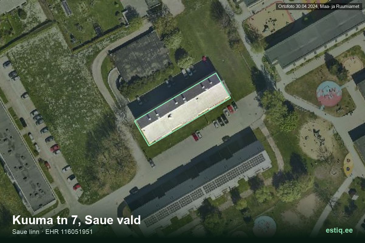 Kuuma tänav 7, Saue – hoone aerofoto, kontuur ehitisregistri (EHR) andmetest