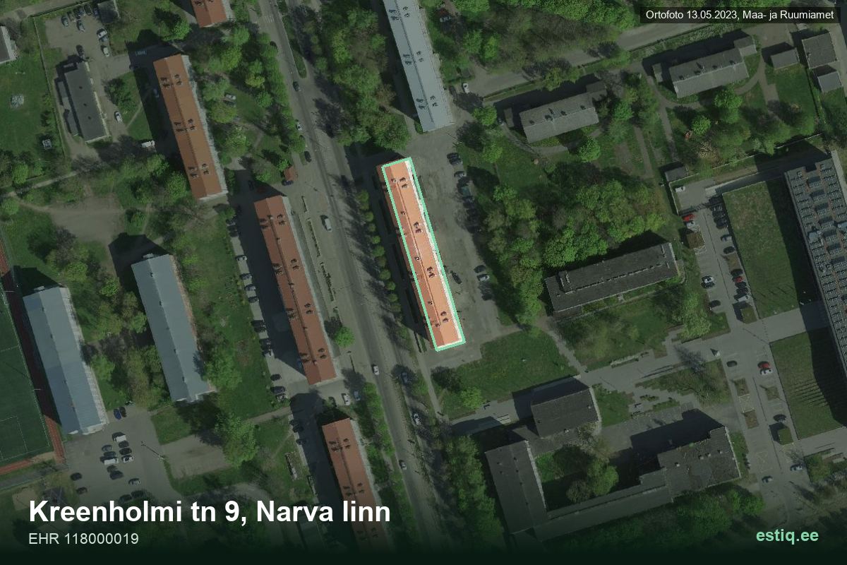 Kreenholmi tänav 9, Narva – hoone aerofoto, kontuur ehitisregistri (EHR) andmetest