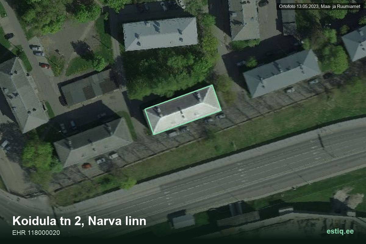 Koidula tänav 2, Narva – hoone aerofoto, kontuur ehitisregistri (EHR) andmetest