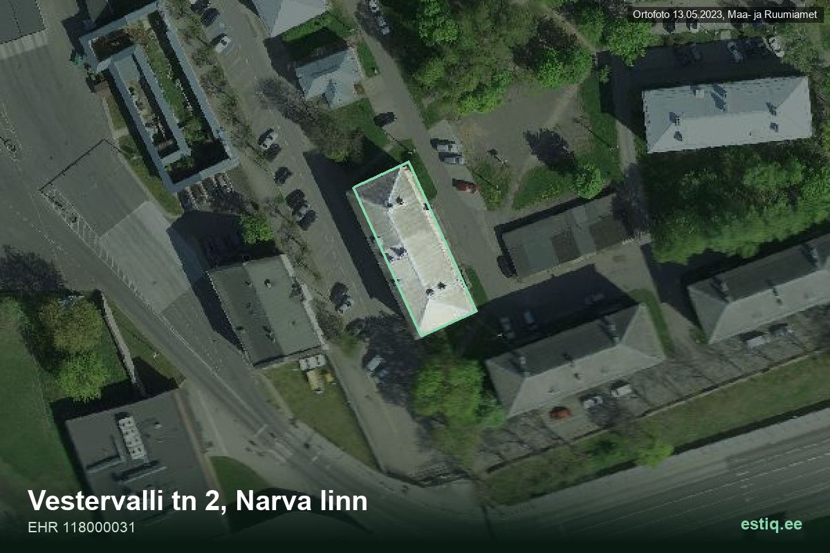 Vestervalli tänav 2, Narva – hoone aerofoto, kontuur ehitisregistri (EHR) andmetest