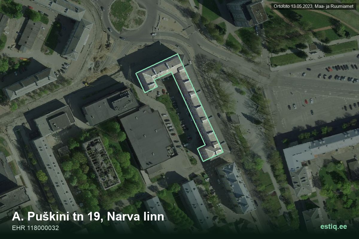 A. Puškini tänav 19, Narva – aerial photo of the building, outline from the Building Register (EHR)