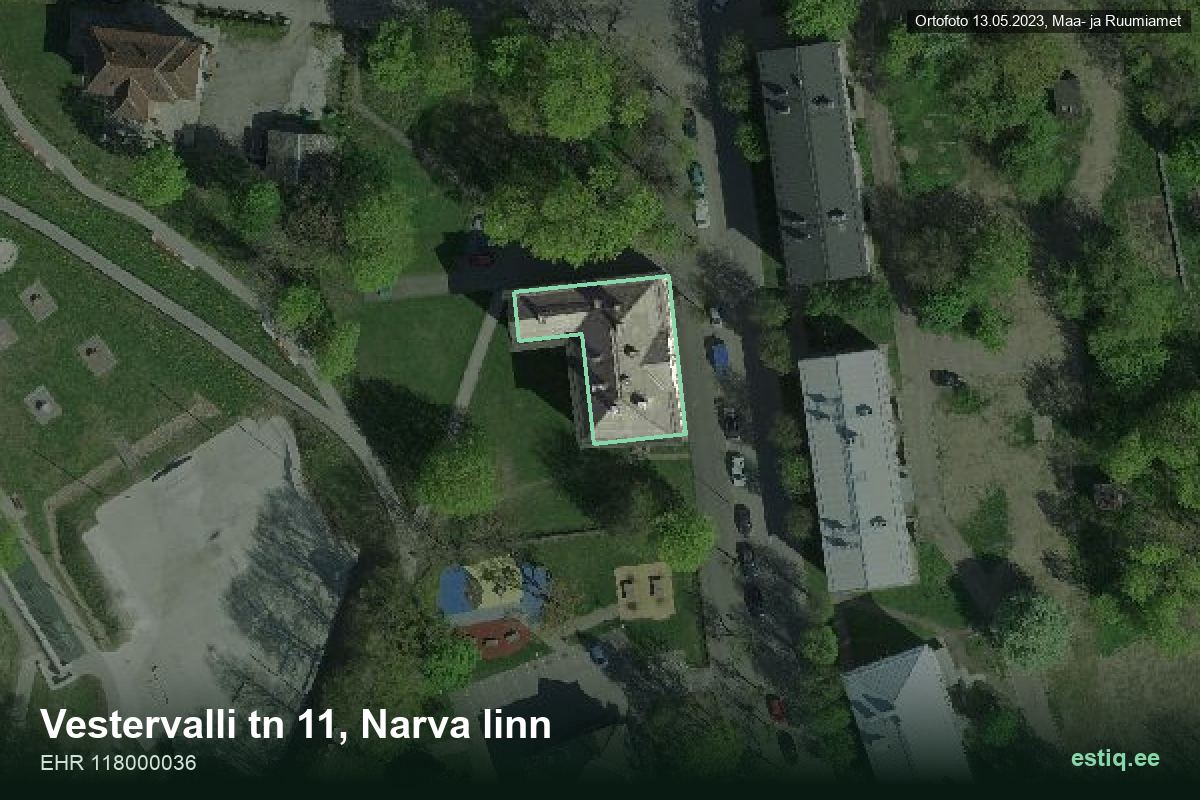 Vestervalli tänav 11, Narva – hoone aerofoto, kontuur ehitisregistri (EHR) andmetest