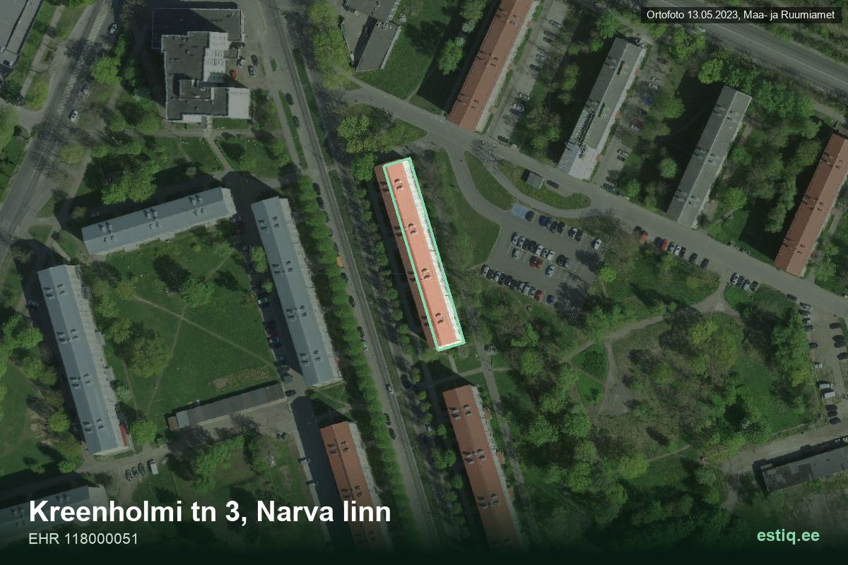Kreenholmi tänav 3, Narva – аэрофото дома, контур по данным регистра строений (EHR)