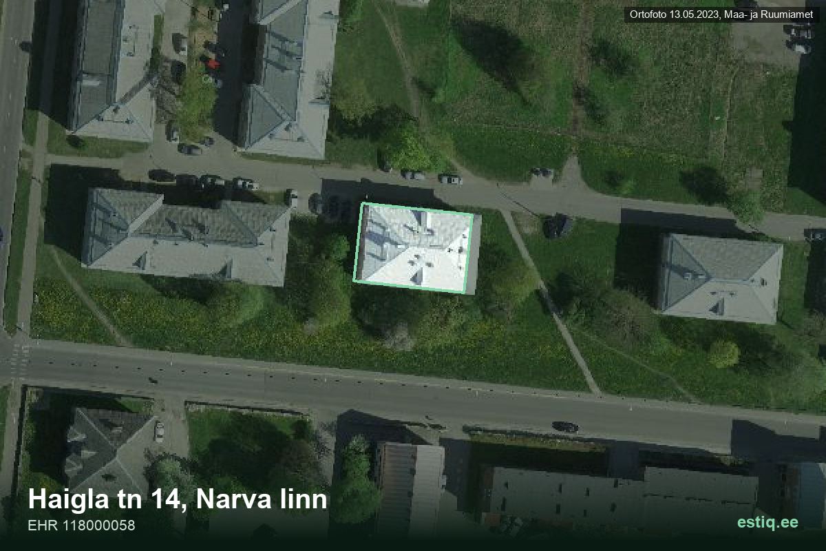 Haigla tänav 14, Narva – ilmakuva rakennuksesta, ääriviiva rakennusrekisteristä (EHR)