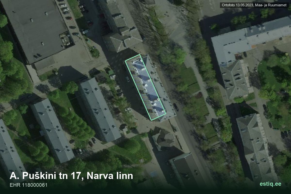A. Puškini tänav 17, Narva – аэрофото дома, контур по данным регистра строений (EHR)