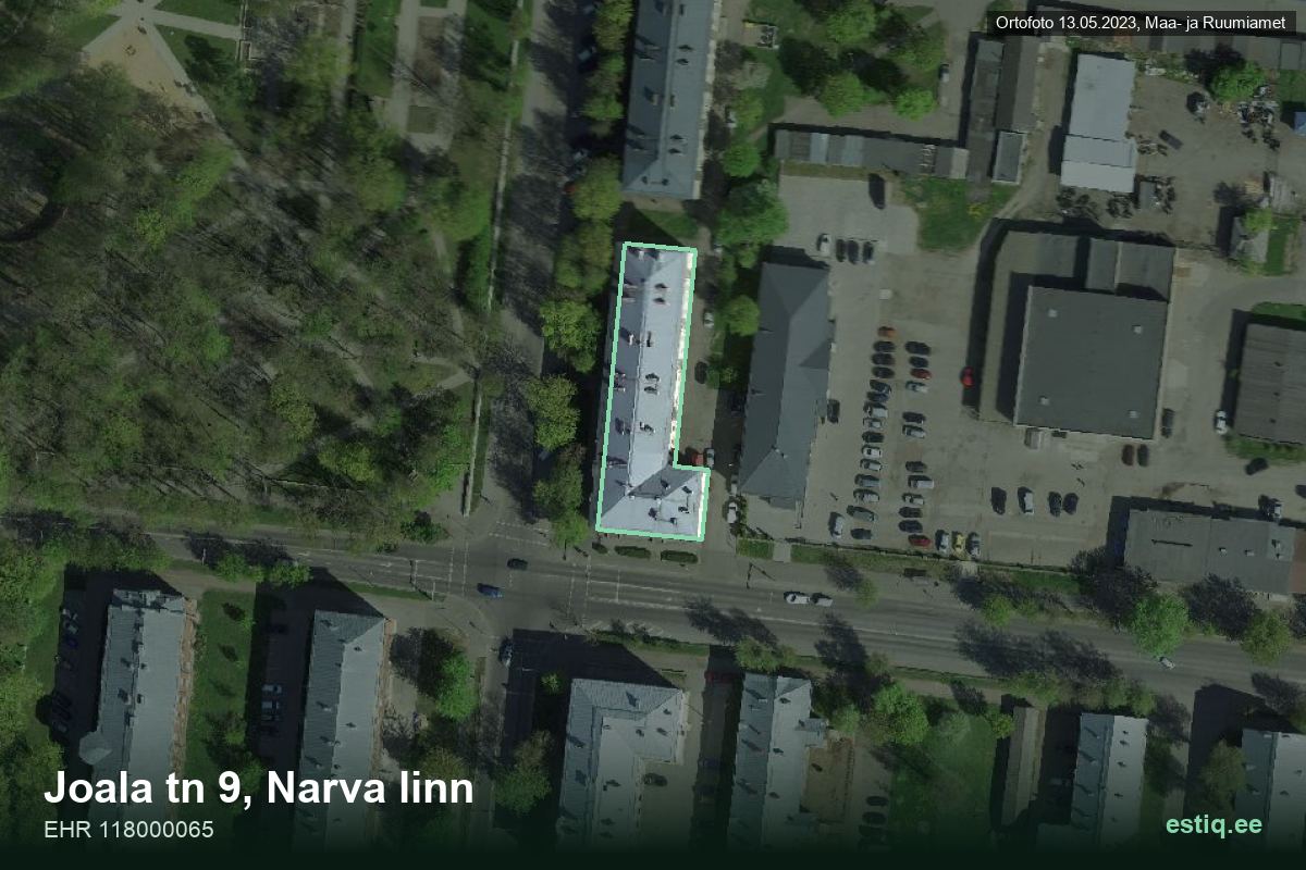 Joala tänav 9, Narva – hoone aerofoto, kontuur ehitisregistri (EHR) andmetest