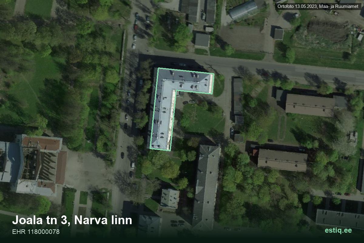 Joala tänav 3, Narva – hoone aerofoto, kontuur ehitisregistri (EHR) andmetest