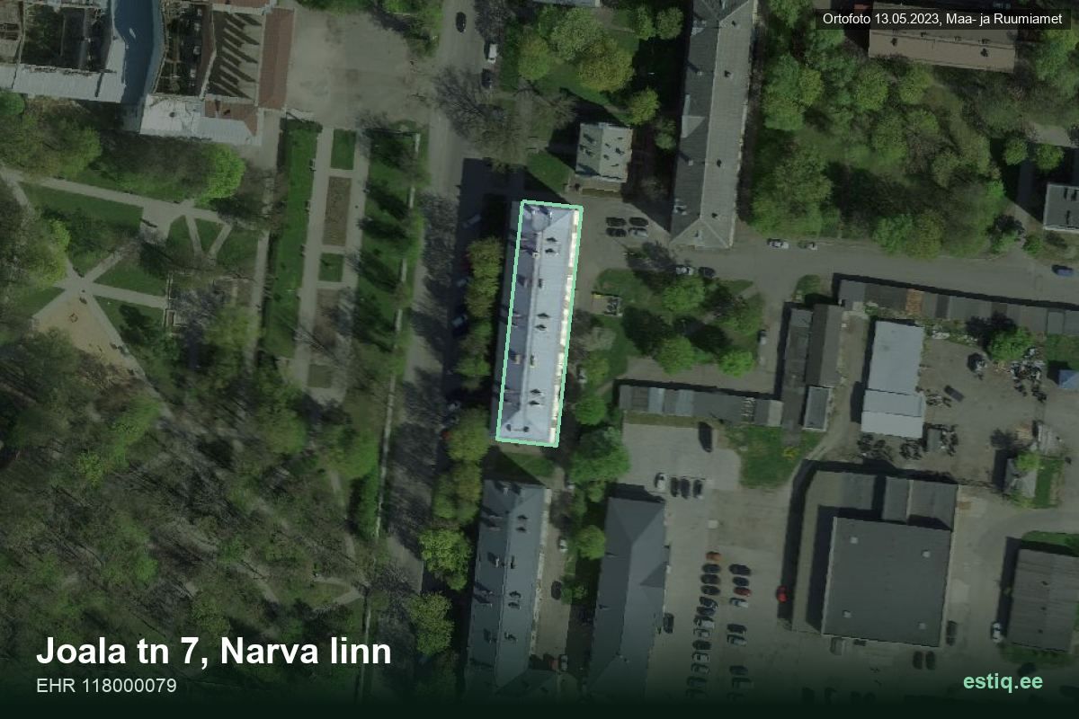 Joala tänav 7, Narva – hoone aerofoto, kontuur ehitisregistri (EHR) andmetest