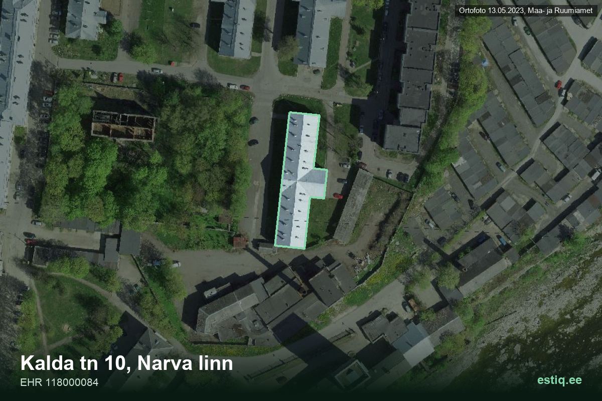 Kalda tänav 10, Narva – аэрофото дома, контур по данным регистра строений (EHR)