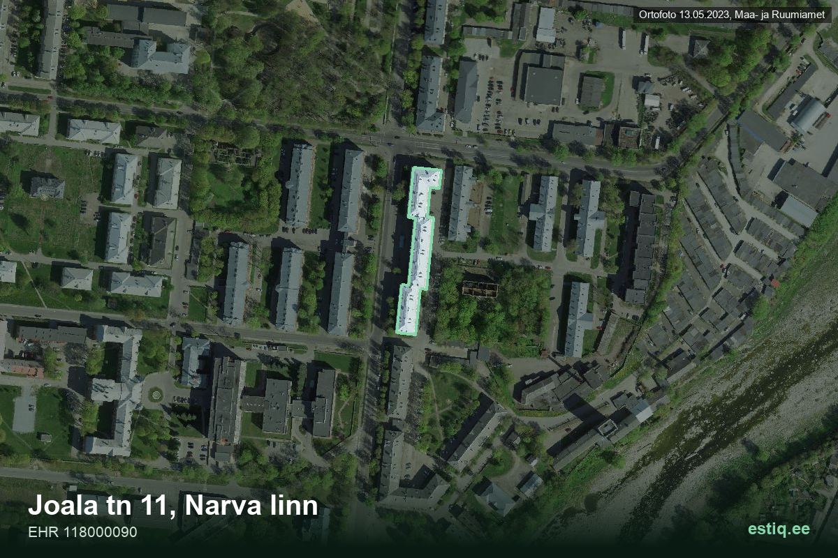 Joala tänav 11, Narva – hoone aerofoto, kontuur ehitisregistri (EHR) andmetest