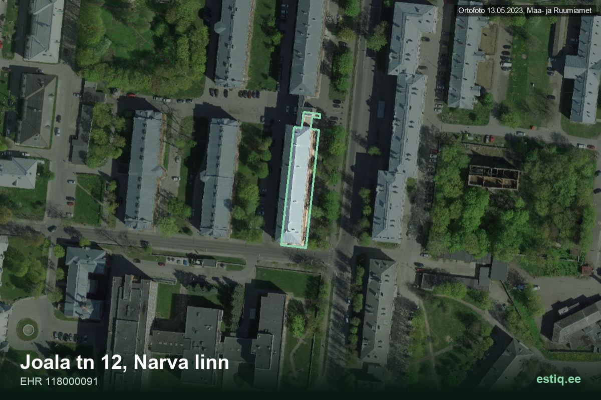 Joala tänav 12, Narva – ilmakuva rakennuksesta, ääriviiva rakennusrekisteristä (EHR)