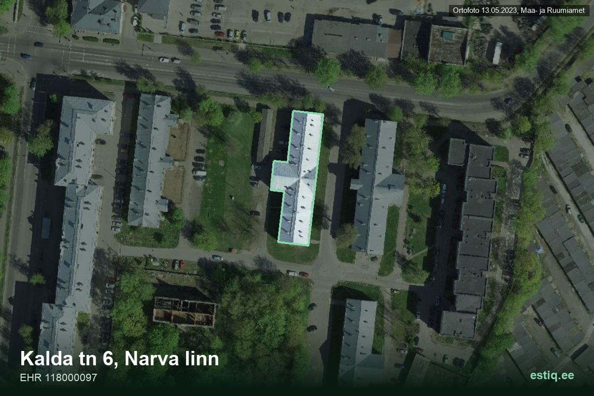 Kalda tänav 6, Narva – hoone aerofoto, kontuur ehitisregistri (EHR) andmetest