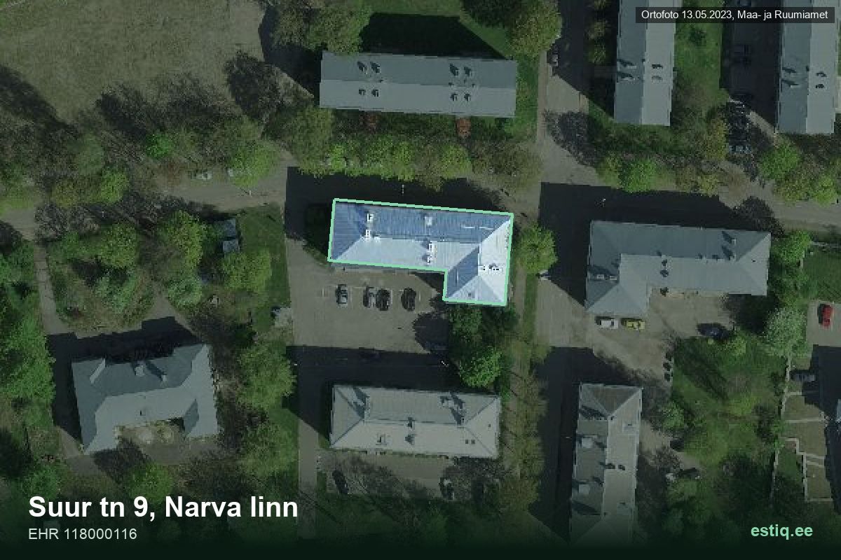 Suur tänav 9, Narva – аэрофото дома, контур по данным регистра строений (EHR)