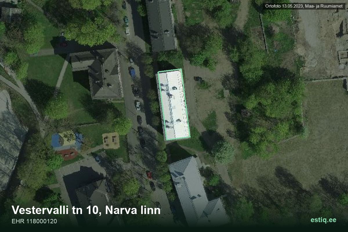 Vestervalli tänav 10, Narva – hoone aerofoto, kontuur ehitisregistri (EHR) andmetest