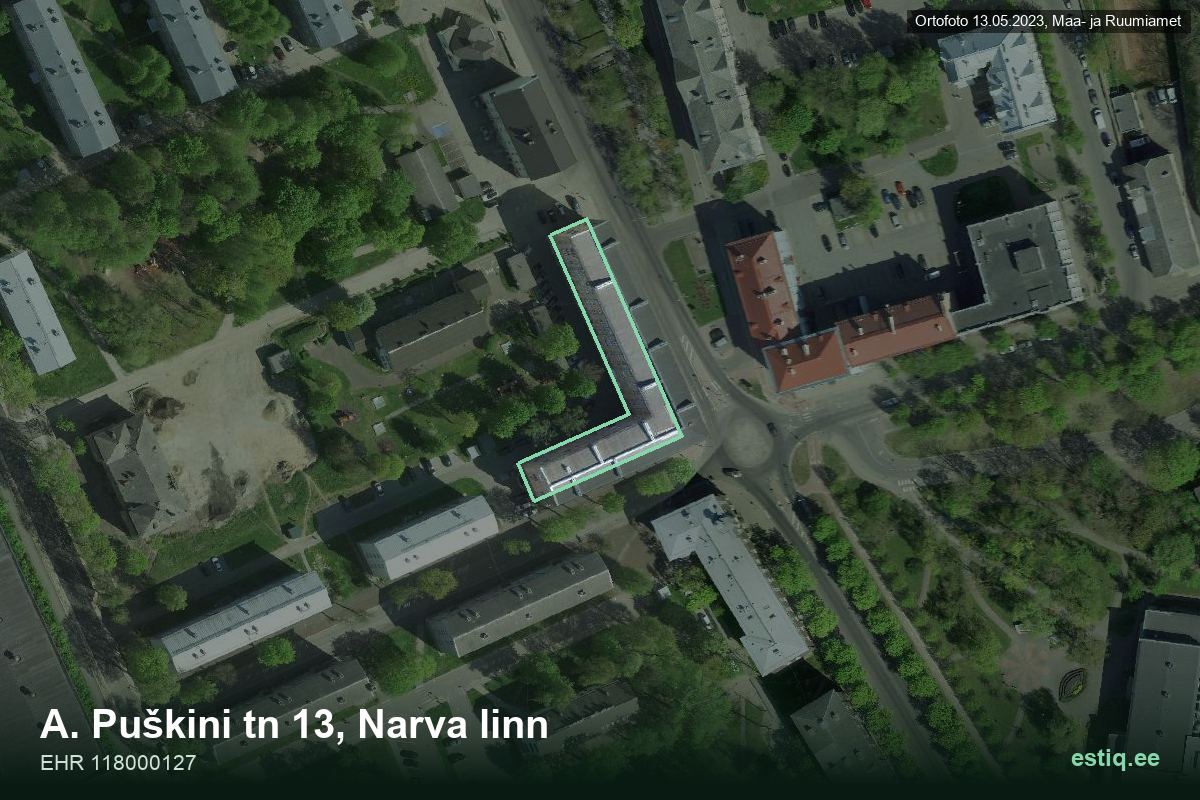 A. Puškini tänav 13, Narva – аэрофото дома, контур по данным регистра строений (EHR)