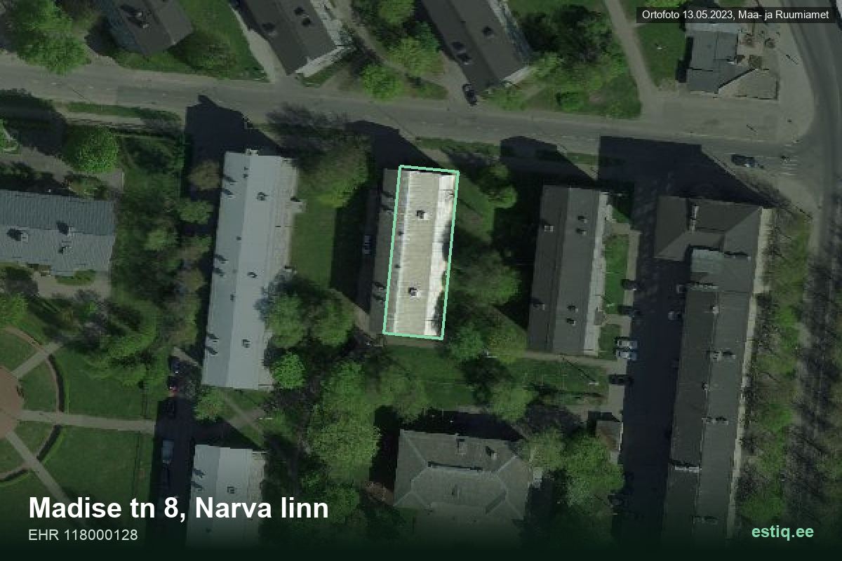Madise tänav 8, Narva – hoone aerofoto, kontuur ehitisregistri (EHR) andmetest