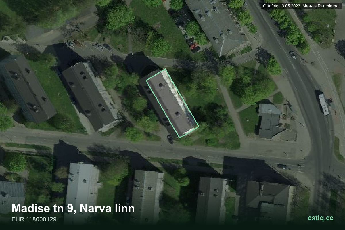 Madise tänav 9, Narva – ilmakuva rakennuksesta, ääriviiva rakennusrekisteristä (EHR)