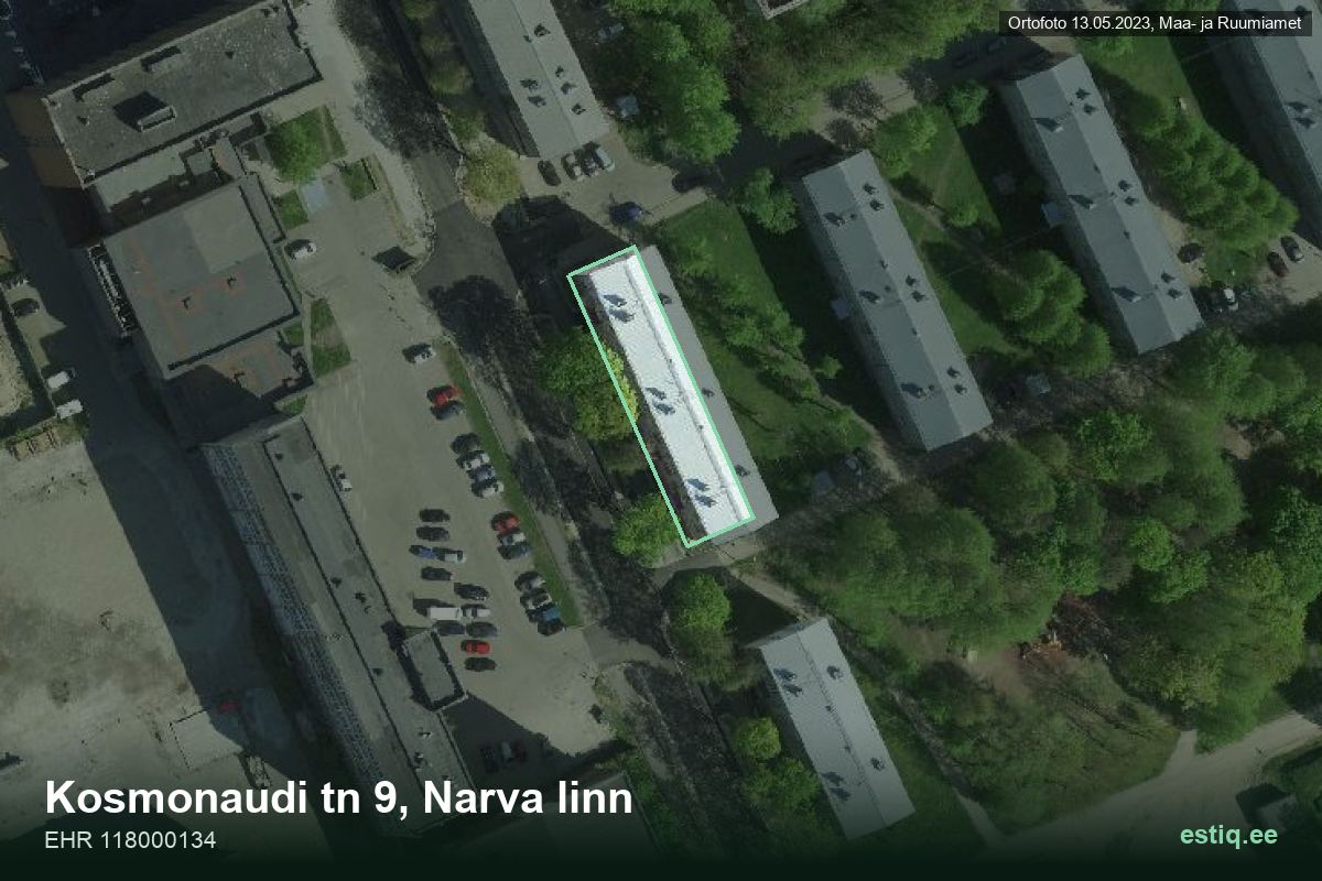Kosmonaudi tänav 9, Narva – аэрофото дома, контур по данным регистра строений (EHR)